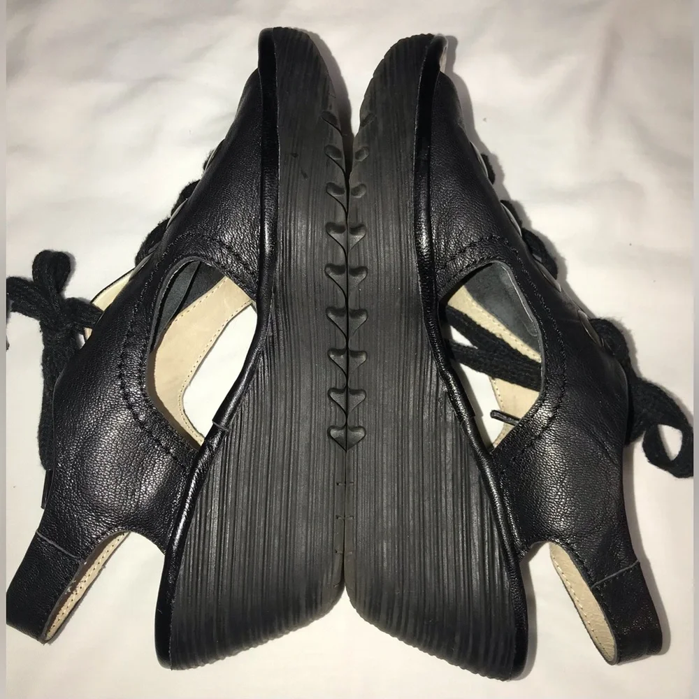 Fly London Yuta Black Lace Up Peep Toe Wedge Heel Sandals - Picture 2 of 8